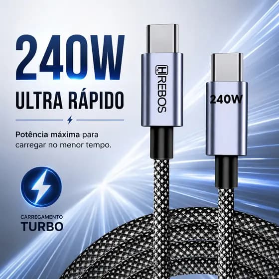 Cabo USB-C Tipo C 240w Hrebos Premium Pro Cable Nylon Trançado 1 Metro