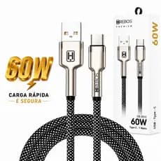 Cabo Tipo C x USB Turbo 60W - 1 Metro Celular Notebook Carregador e Transferência de Dados Preto