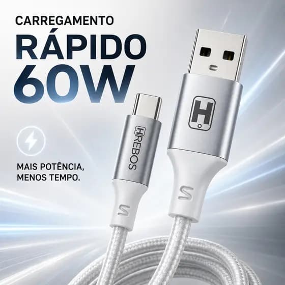 Cabo Tipo C x USB Turbo 60W - 2 Metros Celular Notebook Carregador e Transferência de Dados