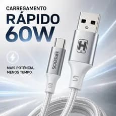 Cabo Tipo C x USB Turbo 60W - 2 Metros Celular Notebook Carregador e Transferência de Dados