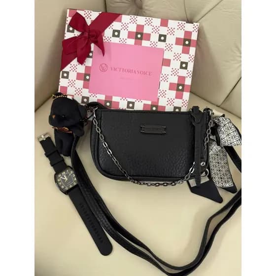 Kit Presente Bolsa Feminina Transversal Ombro Tiracolo + Relógio Original + Chaveiro Ursinho com Caixa Lindas