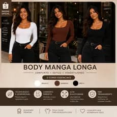 Body Feminino Manga  Longa Decote  Quadrado  Forrado Bori Suplex Premium  Blogueira Basico dia a dia