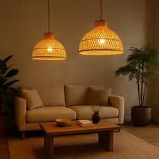 Luminaria de Teto Pendente Jacarta Fibra Natural Bambu entrelaçado Decoraçao Rustica Estilo Chines