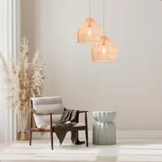 Luminaria Pendente de Teto Lustre de Rattan Redondo 60W 2200K Artesanal Casa Varada Sala Praia