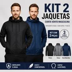 Kit 2 Jaqueta Corta Vento Masculina Impermeável Semi Forrada Com Capuz Bolso E Zíper P Ao G3