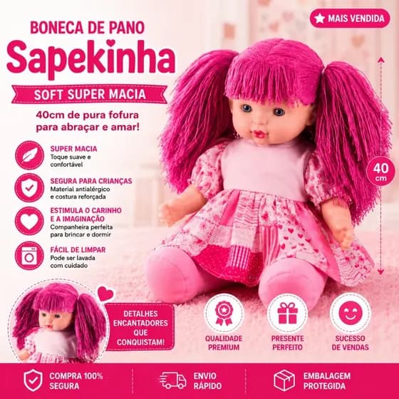 Boneca Grande De Pano Sapekinha Soft Super Macia 40cm - Milk Brinquuedos -