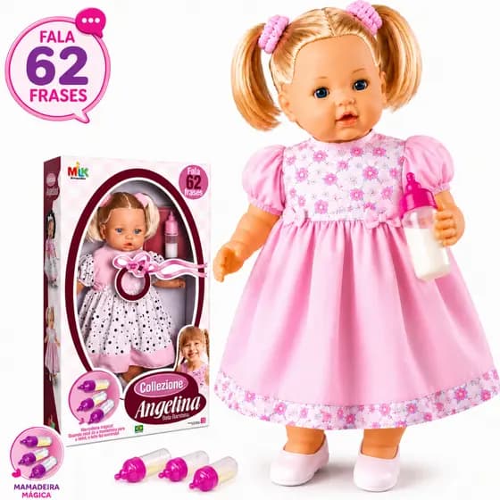 Boneca Grande Angelina Loira Fala 62 Frases Tipo Reborn Com Mamadeira Milk Brinquedos