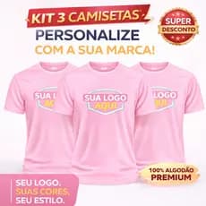 CAMISAS KIT COM 3 UNISSEX ESTAMPAS PERSONALIZADAS 100% ALGODÃO SUA ART LOGO UNIFORME OU FRASE