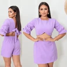 Conjunto Alfaiataria Feminino Elegante Blusa Manga Curta e Short Saia Cropped Com Laço