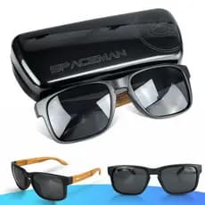 Óculos sol madeira marrom proteção uv + case moda masculina