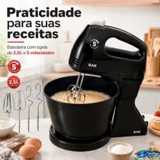 Batedeira Com Tigela 2,5L 300W 5 Velocidades Preta Batedores Ganchos Massas Bolos Cremes Confeitaria