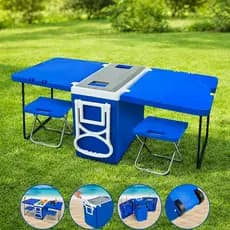Super Caixa Térmica Cooler Mesa 32 Litros com Rodas e 2 Banquetas Para Praia Camping e Churrasco ArqPlast