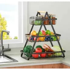Fruteira e Organizador de Bancada 3 Níveis em Aço com Cesto Aramado – Design em Pirâmide Jiulong