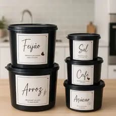 Kit Mantimentos 5 Potes Plástico Premium – Arroz Feijão Açúcar Sal Café | Organização de Cozinha