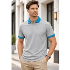 Polo Masculina Cinza Mescla e Azul Turquesa