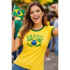 Camiseta Baby Look Brasil Feminina Copa do Mundo Amarela Estampa Bandeira Confortável