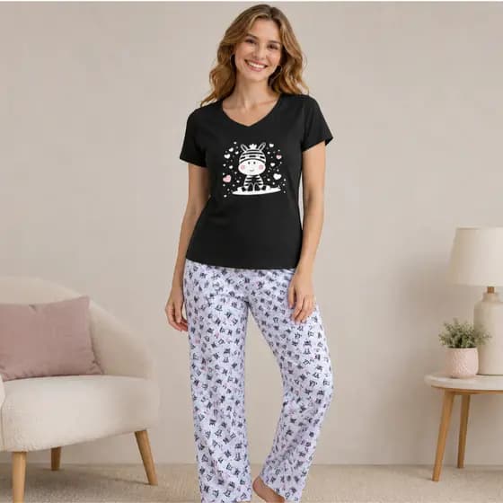 Pijama Feminino Algodão Calça Flanelada – Baby Look + Calça Elástico Estampa Zebrinha