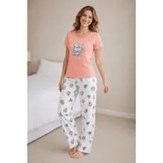 Pijama Feminino 100% Algodão Flanelado Inverno Conjunto Baby Look + Calça - Amizade