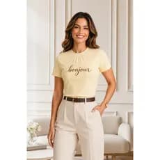 Baby Look Feminina Gola Alta 100% Algodão Estampa Bonjour Manga Curta