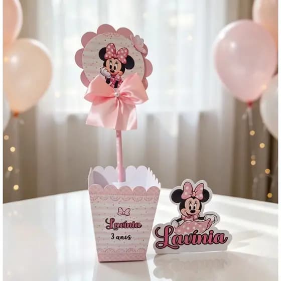 Centro de mesa Minnie Rosa com totem personalizado