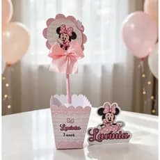 Centro de mesa Minnie Rosa com totem personalizado