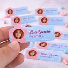 Kit 100 Etiquetas escolar com foto personalizada flor / Etiquetas escolares