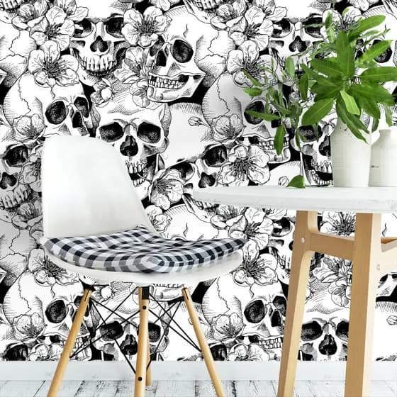 Papel de Parede Adesivo Decorativo Temático Caveiras Monocromáticas