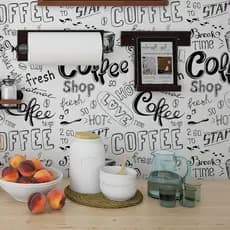 Papel de Parede Adesivo Decorativo Temático Cantinho do Café Branco Cursivo em Preto