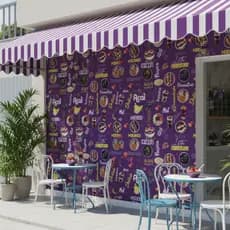 Papel de Parede Adesivo para Açaiteria e Sorveteria Açaí com Frutas e Chocolate em Fundo Roxo