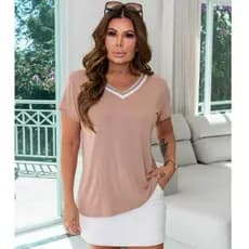 Blusa Gola V Feminina Manga Curta Lisa Viscolycra