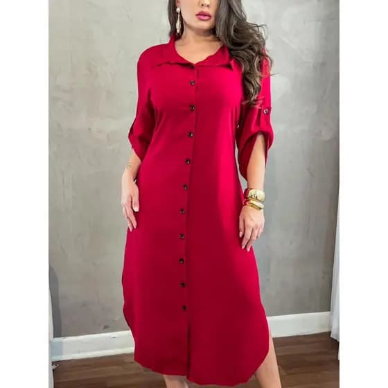 Vestido Chemise Longo Midi Plus Size  Manga 3/4 Viscolinho  Botões Abrem Moda Evangélica  Estilosa
