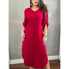 Vestido Chemise Longo Midi Plus Size  Manga 3/4 Viscolinho  Botões Abrem Moda Evangélica  Estilosa