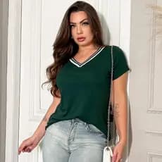 Blusa Feminina Manga Curta Decote V Viscolycra Lisa
