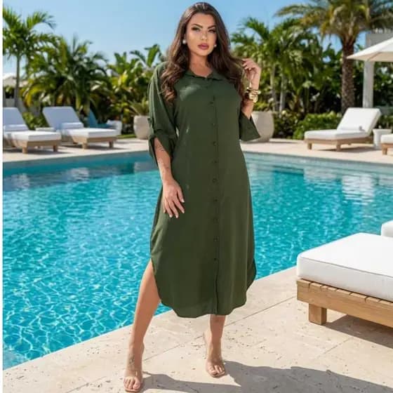 Vestido Longo Chamis Midi Manga 3/4 Viscolinho Lisa Tamanho GG