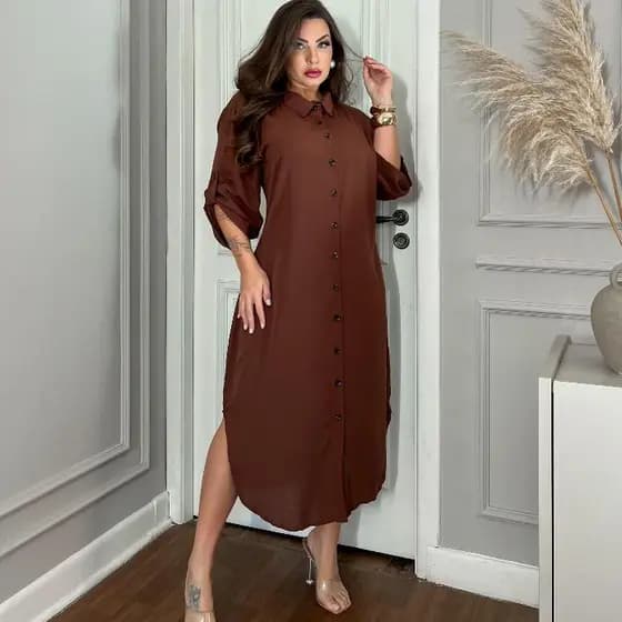 Vestido Chemise Longo Midi Viscolinho Manga 3/4 lisa Marron Militar Telha Azul Marinho