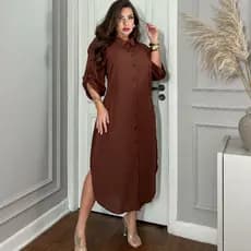 Vestido Chemise Longo Midi Viscolinho Manga 3/4 lisa Marron Militar Telha Azul Marinho
