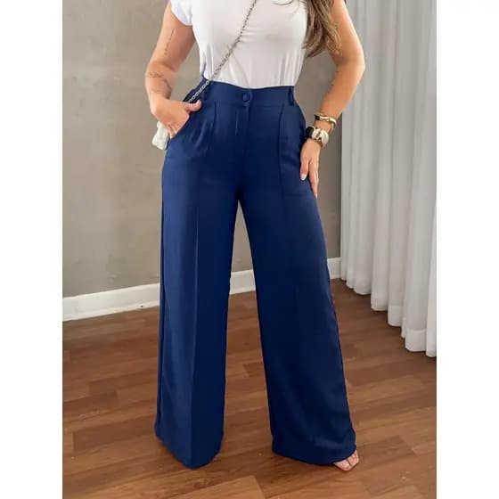 Calça Pantalona Feminina Duna Com Forro Cintura Alta Ziper y Botão Forrado Confortavel e Elegante