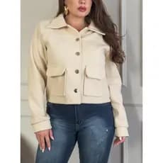 Jaqueta Feminina Casaco Com Bolso y Botões Na Frente Tegido Lã batida Premium