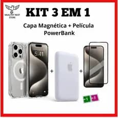 Kit Capa Magnética + Powerbank Portátil + Película De Vidro Para IPhone 7/8 XR 11 12 13 14 15 16 17 PRO PLUS AIR PRO MAX