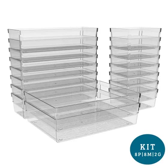 Kit com 18 Organizadores de Acrilico Modular Multiuso Cozinha Geladeira Armário Tamanho 8P 8M 2G
