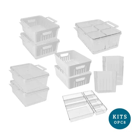 Kit Geladeira - 2 Escorredores, Cestinha, Potes, 1 Porta Tempero, 4 Org de Porta e 7 Organizadores