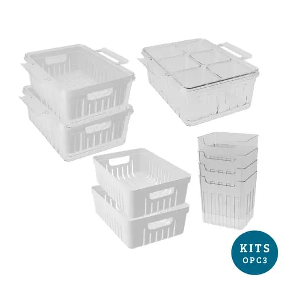 Kit Geladeira - 2 Escorredores, 1 Porta Tempero, 4 Org de Porta, 2 Cestinhas
