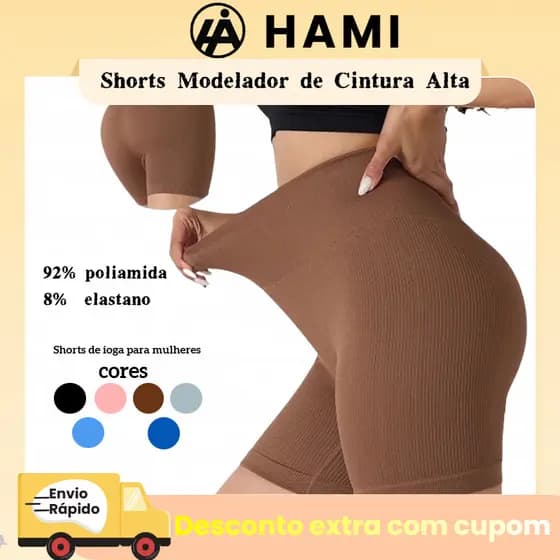 Shorts de Yoga Cintura Alta Feminino Levanta Bumbum, Justo, Canelado, Cor Sólida e Confortável