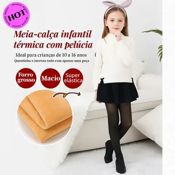 Meia-Calça Preta Forrada Menina 8 a 16 Anos – Quente e Confortável para o Inverno
