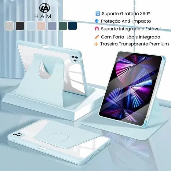 Capa Acrílica para ipad 10/11（A16) e ipad Air–giratório 360°, Antichoque, com Suporte para Pencil