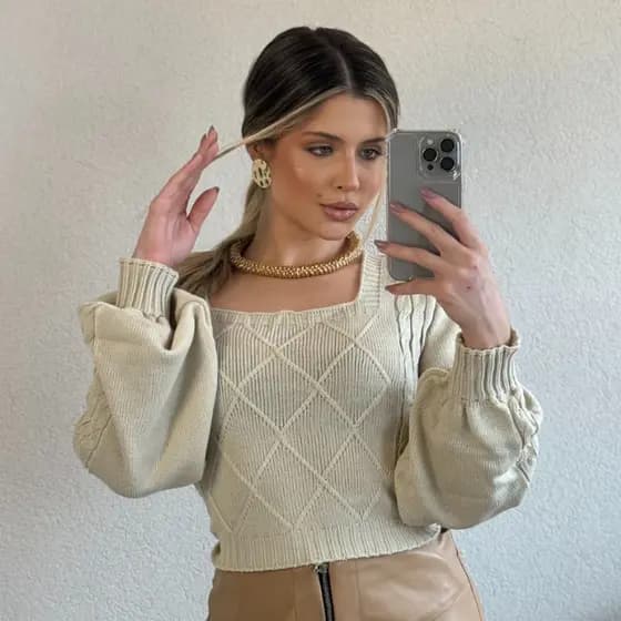 Blusa Tricô Feminina de Frio Aran Manga Bufante Moda Inverno Tricot Estilo Presente
