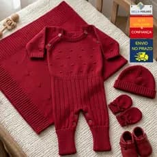 Kit Saída Maternidade Bebê RN Luxo Tricô 4 Peças Menina Menino Recém Nascido Macacão Manta Luva Touca em Tricot