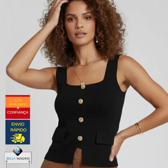 Colete Feminino Tricô Modal Premium Regata Alfaiataria Botões Moda Uso Casual Elegante