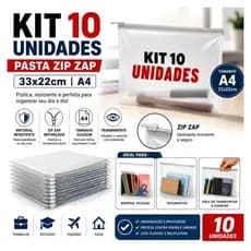 Kit 10 Unidades Pasta Zip Zap 33x22cm Transparente A4
