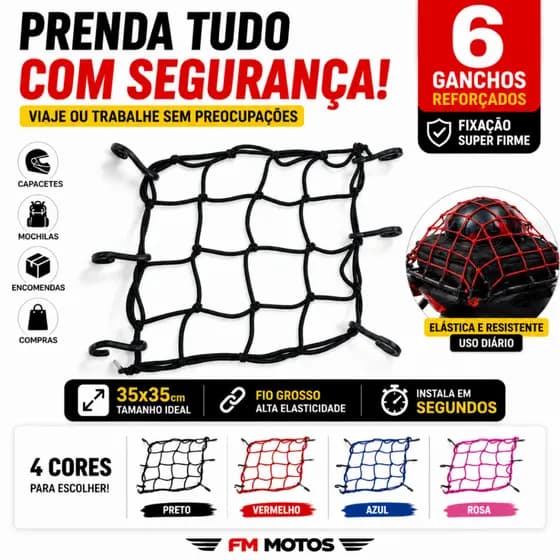 Rede Elástica Para Capacete Moto Bagagem 35x35 6 Ganchos 4 Cores